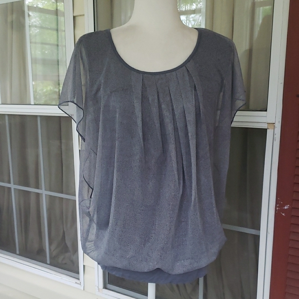 Bai Sheng GT Elegant‎ Sheer Gray Flutter Sleeve Women's XL Top